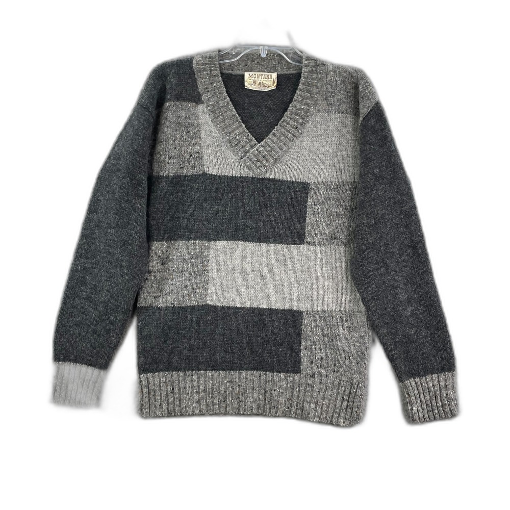 Vintage Montana Woolen Shop Sweater Mens Medium Gray Patchwork Outdoor Retro